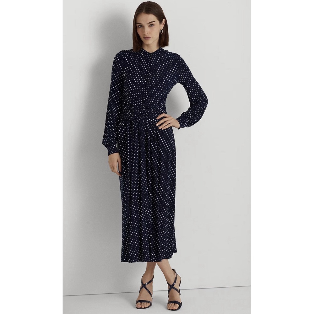 LRL Ralph Lauren M Navy Polka Dot Shirtdress Stretch Jersey Knit Dress Wrap Tie